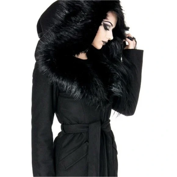 Restyle Black Hooded Coat with Faux Fur Trim - Picture 1 of 4